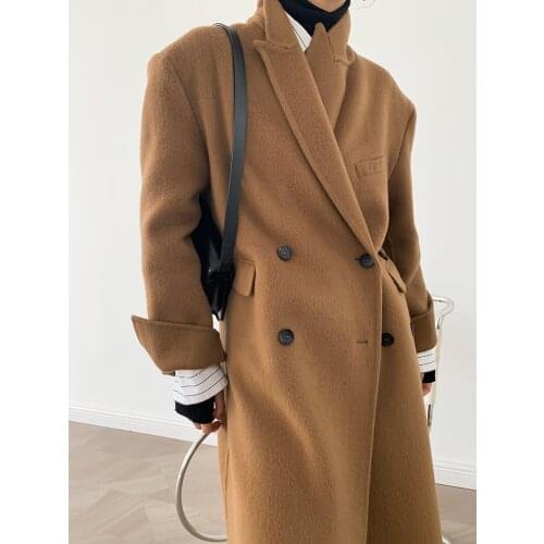High-end suit collar mid-length right-angled shoulder double-sided cashmere coat woolen coat female Korean version 21 new