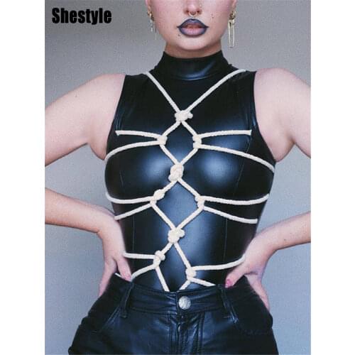 Shestyle 2021 Autumn PU Leather Black Bodysuits Women Sleeveless Back Zipper Rope Plaid Thong Sexy Clubwear Body Tank Tops