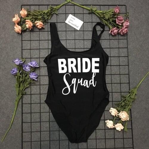 BRIDE squad 2018 Sexy One Piece Swimsuit Women Swimwear Print Bodysuit Cut Out Beach Wear Bathing Suit Monokini Black Swimsuit