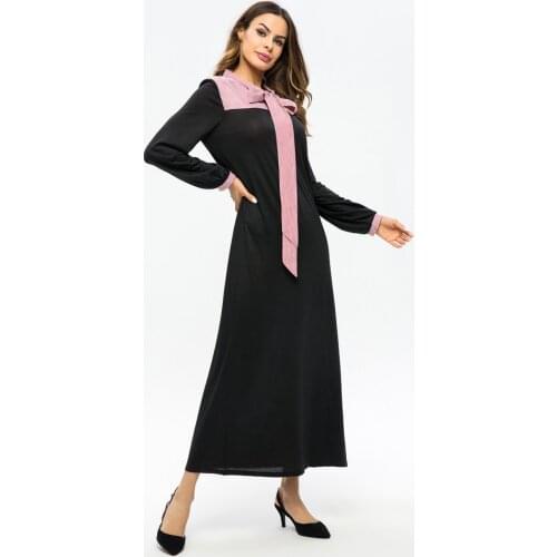 New Arabian Muslim Dresses Solid Color Striped Bowknot Hedging Stitching A-line Jalabiya Long Skirt Abayas Dubai Women