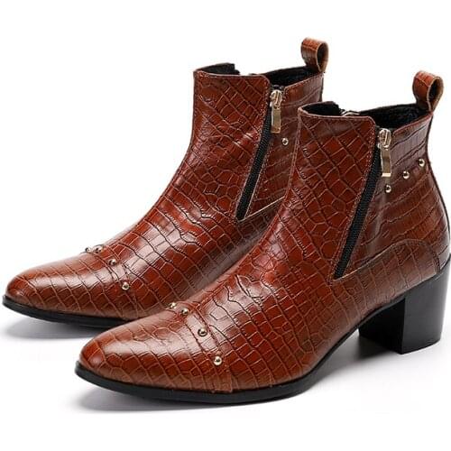 Handmade Mens Boots Shoes Pointed Toe Gentleman Formal Real Leather Ankle Boots 7CM High Heel Men Party Boot Big Size 13