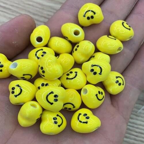 15pcs 14mm Heart Shape Smile Face Ceramic Beads DIY Loose Spacer Yellow Flower Ceramic Bead For Jewelry Making Bracelet Necklace