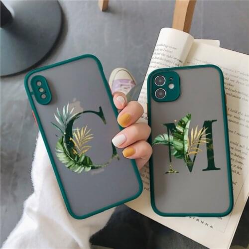 Initial Letter A Z Phone Case For iPhone 12 Mini 11 Pro Max for X XR XS Max 6s 8 7 Plus SE 2020 Leaves Hard Alphabet Green Cover