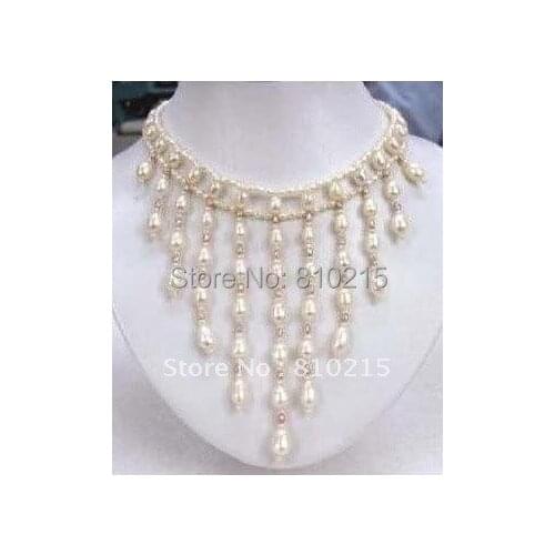 Classic!Pearl+crystal Necklace 18'' AA 4-8MM White Color Genuine Freshwater Pearl + Crystal Necklace New Free Shipping NF2