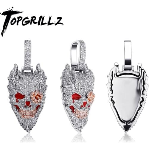 TOPGRILLZ Mens Evil Smile Skull Pendant Iced Out Cubic Zirconia Rose Flower Eye White Gold Plated Hip Hop Rock Jewelry For Gift