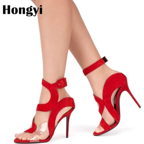 Hongyi Plus Size 35-42 Summer New Women Fashion Open Toe Suede Red Blue High Heel Sexy Sandals Ankle Wrap Dress Shoes