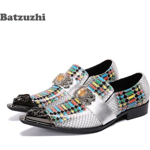 Batzuzhi Gentlemen Mens Leather Shoes Formal Pointed Metal Toe Color Genuine Leather Dress Shoes for Men Party and Wedding