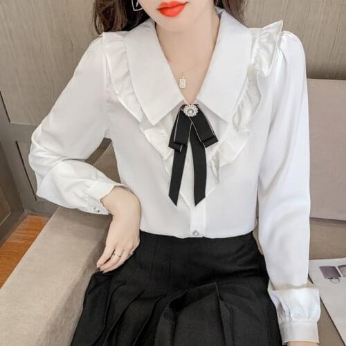 Chikichi 2021 New Spring and Autumn New French Bow Long Sleeve Blouse College Style Sweet Ruffled White Shirt Women Ladies Tops