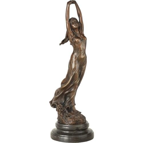 Dressed Pretty Girl Bronze Statue Maiden Feel the Spring Female Sculpture Figurine for Living Room Decoration