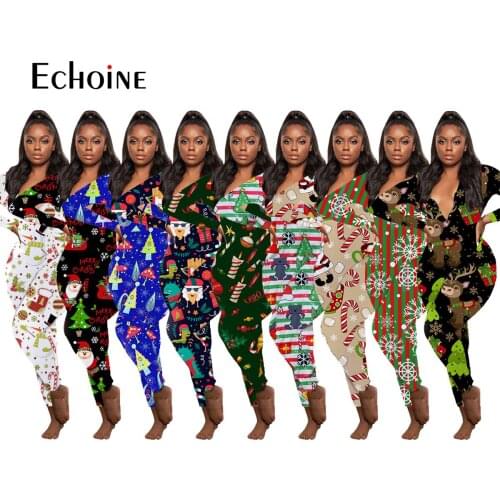 Echoine 2020 Autumn Winter Sexy Onesies For Adults Long Sleeve V-neck Christmas Print Pajama Romper Women Jumpsuit Nightwear