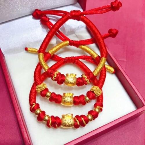 Real 999 24K Yellow Gold Bracelet 3D Luck Fu Bag Charm Red Cord Knitted Bracelet Adjustable / Best Gift
