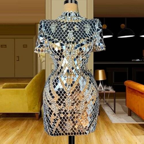 Luxury Full Crystal Prom Dresses Sheath Short Sleeve High Neck Prom Gowns See Through Sexy Mini Party Dress