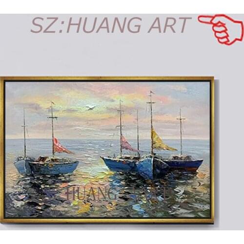 Hand Painted Oil Painting On Canvas Sailing Boats Sunrise Landscape Paintings Artwork For Living Room Wall Decorative Unframed