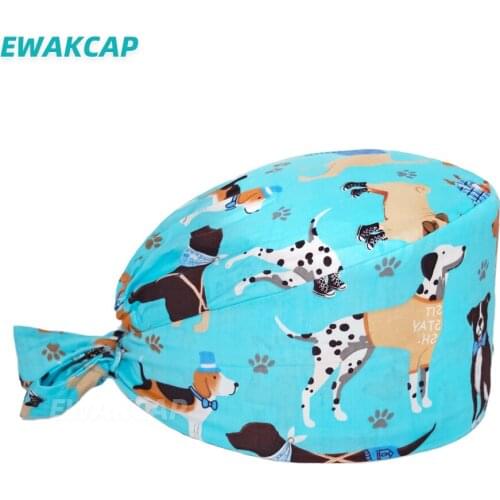 Unisex Anime Scrub Hat Nurse Surgicals Cap with Sweatband Adjustable Dogs Printed Pet Pediatrician Clinic Scrubs Caps Women Men
