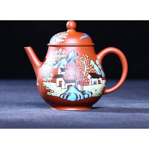 Old purple clay pot Qing Dynasty ultra-thin tire no style Zhao Zhuang Zhu niquan hand colored landscape sword flow pot