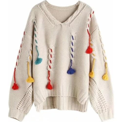Quanss Loose V Neck Tassel Pullover Sweater Womens 2021 Autumn Winter Knitted Sweaters Female Jumper Vintage Knitwear