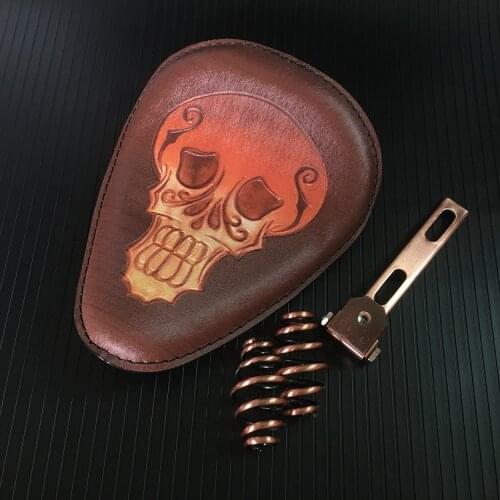 Motorcycle Black Brown Retro Leather Skull Solo Saddle Seat + 2" Spring Bracket Mounting Base Kit For Harley Custom Bobber Honda