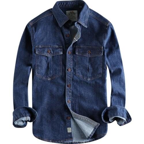 Japanese Harajuku Button Up Vintage Blue Denim Cargo Shirt for Men Urban Streetwear Plus Size Long Sleeve Blue Jeans Shirts