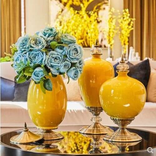 Fashion European style yellow ceramic vase, modern home office restaurant bar decoration decoration gift