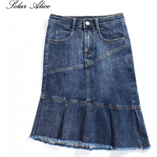 Free Shipping 2021 Womens Spring And Summer New Mid-Length High-Waist Slim Denim Skirt A-Line Skirt Stitching Raw Mermaid Skirt