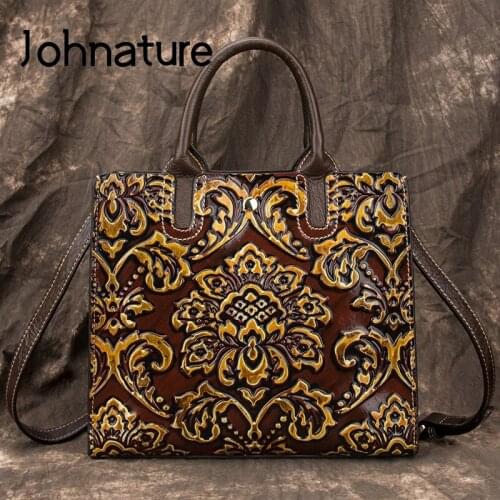 Johnature Leisure Genuine Leather Large Capacity Luxury Handbags Women Bags 2020 New Retro Handmade Embossing Shoulder Bags