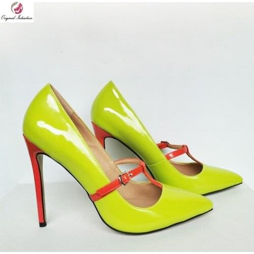 Green Red Mixed Colors Pointed Toe Women Pumps Shoes Elegant Shallow Metal Buckle Patent Leather Ladies High Heels Woman Sandals
