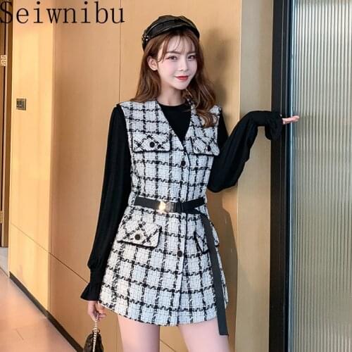 Ladies Woolen 2 Piece Set Autumn Runway Women Sleeveless Plaid Tweed Vest + Long Sleeve Black Bottom Shirt Two Piece Set Suit