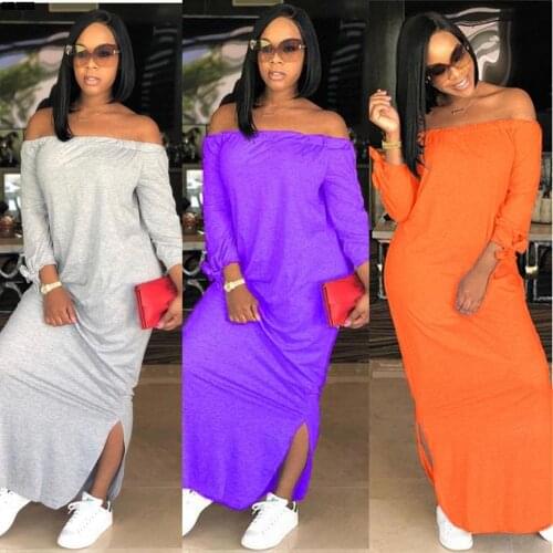 Women new off shoulder slash neck fashion split side slim long maxi dress vestidos CX009