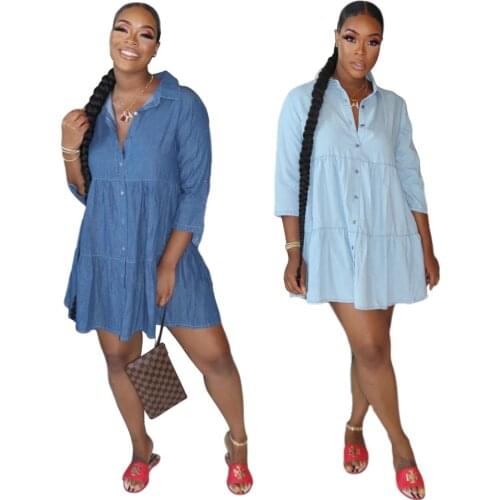 Summer blue denim dress womens 2021 casual blue three-quarter sleeve mini dress loose sundress