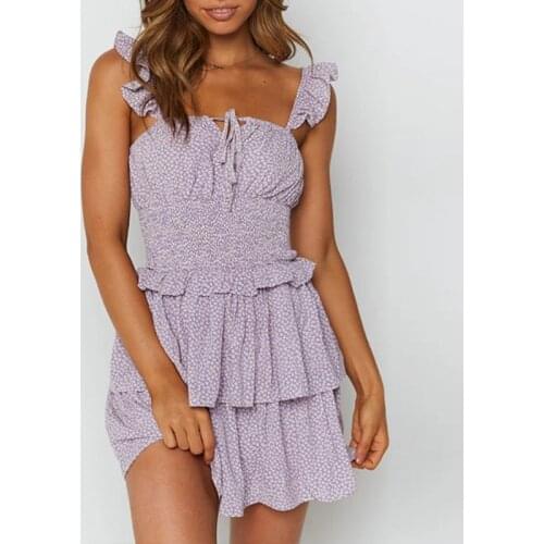 2021 Summer Spaghetti Strap Floral Print Dress Womens Casual Boho Mini Ruffle Vestido A Line Short Beach Holiday Dress