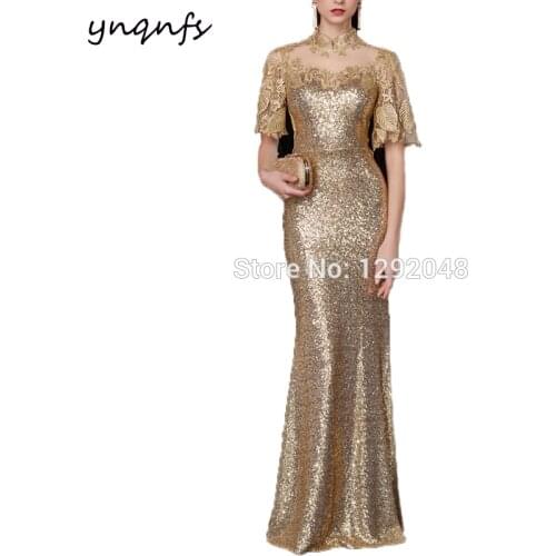 YNQNFS Robe Soiree Evening Party Illusion High Neck Flare Sleeve Gold Sequins Mother of Bride/Groom Dresses Elegant 2019 MD284