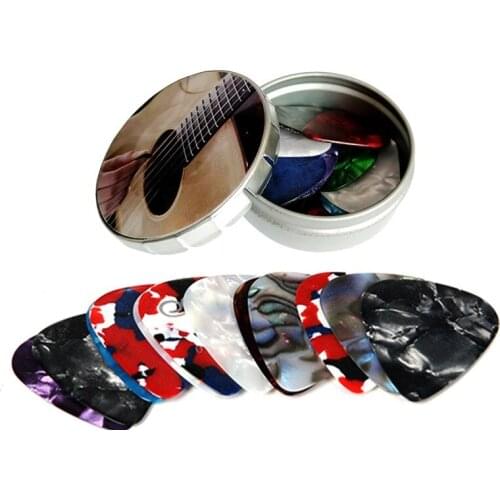 16PCS Thin & Medium Colorful Celluloid Acoustic Guitar Picks in a Cute Mini Metal Tin Box