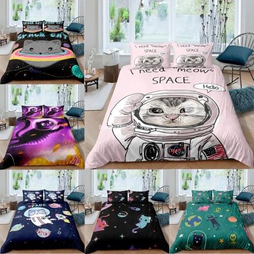 Astronauts Cartoon Kids Animal 2/3pcs Cosmic Bedding Set Print Children Duvet Cover Sets Space Cat Comforter King Queen Size