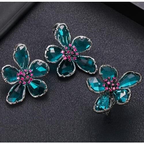 Accking Trendy luxury AAA zircon round flower shape Earrings Open Ring set for women jewelry set for women gift party