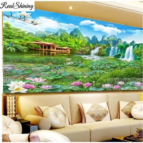 100x50cm lOTUS pond 5d Diamond Painting full square/round Diamond Embroidery waterfall blue sky diy handmake cross Stitch F479