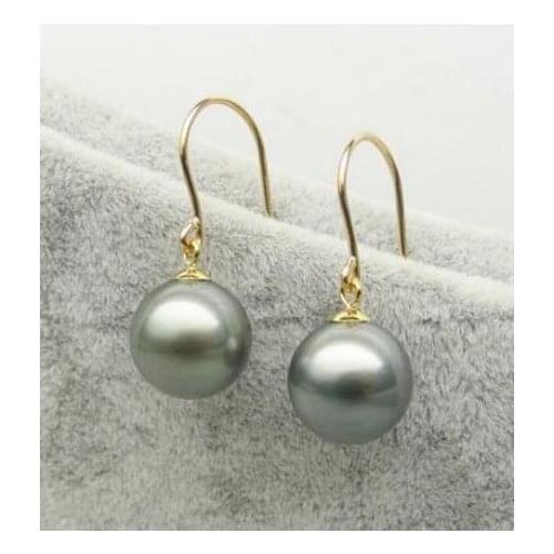 Free shipiing Gray Green Real Tahitian Pearl Drop Dangle Earrings 14K Yellow Gold Hook 10-11MM