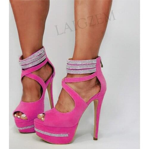 DOBANER Women Platform Sandals Open Toe Back Zip Crystal High Heels Pumps Wedding Party Shoes Woman Large Size 43 45 48 50 52