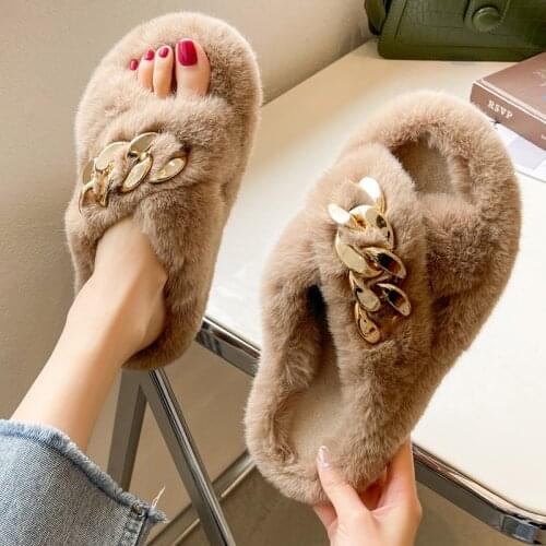 Indoor Flat Slippers Home Cotton Shoes Women 2021 Winter Fur Slippers Fashion Cross Over Solid Color Faux Fur Short Plush Warm