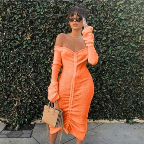 European Style Autumn Women Fashion Sexy Slash Neck Solid Knee-length Party Dress Casual Long Sleeve Drawstring Ol Dress Vestido