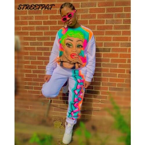 Harajuku 2 Two Piece Set Women Tracksuit Cartoon Print Winter Long Sleeve Sweatshirt Sweatpants Sweat Suit Jogging Femme