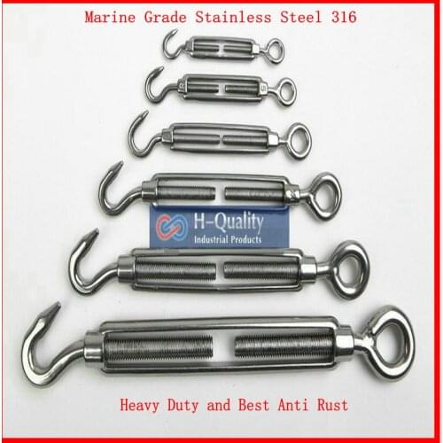 HQ MT01 Marine Grade Stainless Steel 316 Hook & Eye Turnbuckles Rigging Hardware Wire Rope Tension M4-M24