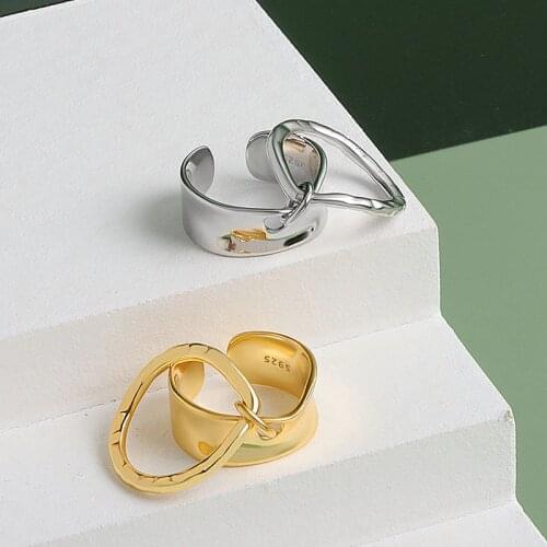 HUANZHI 2021 New INS Korea Personality Geometry Irregular Distortion Hollow Out Double Layer Open Ring for Women Party Jewelry