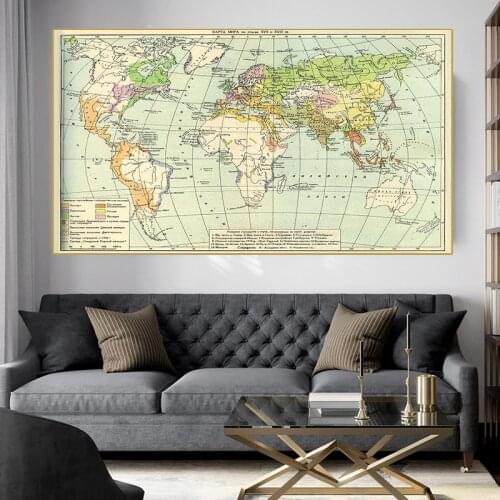 The Russian Retro World Map Non-woven Canvas Painting Poster Cultural Education Study Supplies Living Room Wall Home Decoration