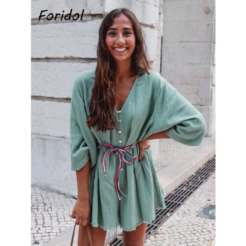 Foridol Button Up Cotton Loose Rompers Women Summer Wide Leg Bohemian Overalls V Neck Sash Casual Playsuits Green Romper 2021
