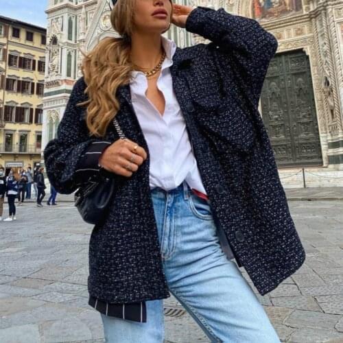Nice Vintage Woman Black Loose Textured Coat Autumn-Winter Vogue Ladies Thick Tweed Outerwear Female Casual Oversized Jackets