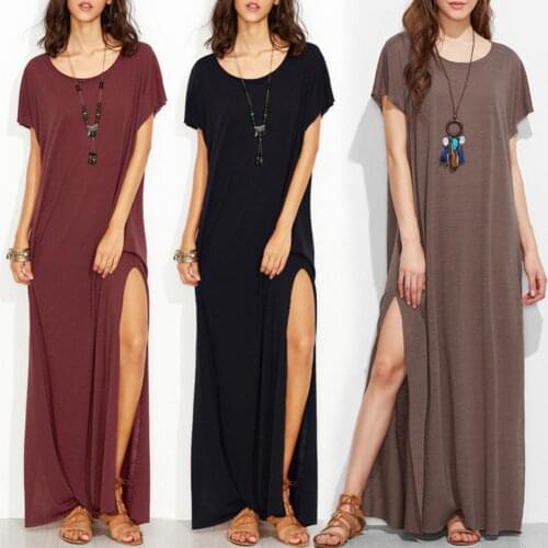 Women Short Sleeve Solid Color Split O-Neck Loose Leisure Summer Chic Dress
