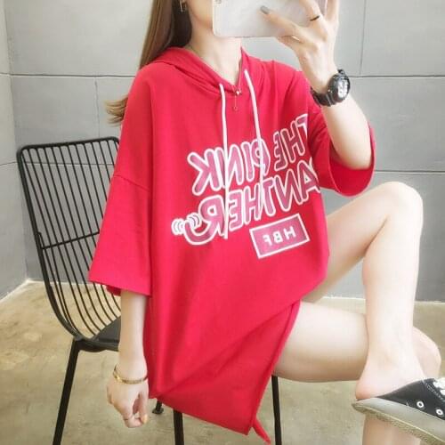 Summer loose hooded cotton short-sleeved T-shirt front and back long top college style female back hole cartoon print T-shirt