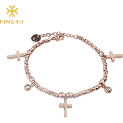 FINE4U B113 Fashion Rose Gold Color Adjustable Beads Bracelets 316L Stainless Steel Charm Bracelet Cross Crucifix Jewelry