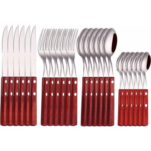 Wooden Handle Stainless Steel Knife Fork Spoon Dinnerware Set Dishwasher Safe Cutlery Set Home Spoon Party Kitchen Tableware Set