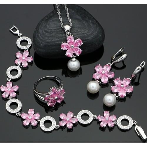 Career Pearls Jewelry Sets Flower Princess Pink Cubic Zirconia Silver 925 Jewelry For Women Earrings/Pendant/Ring/Necklace Set
